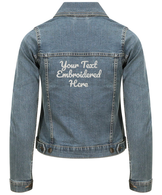 Women's Custom Embroidered Denim Jacket - Personalised with your Text - Choice of Thread Colour and Denim - Front or Back Stitched - Topbootee
