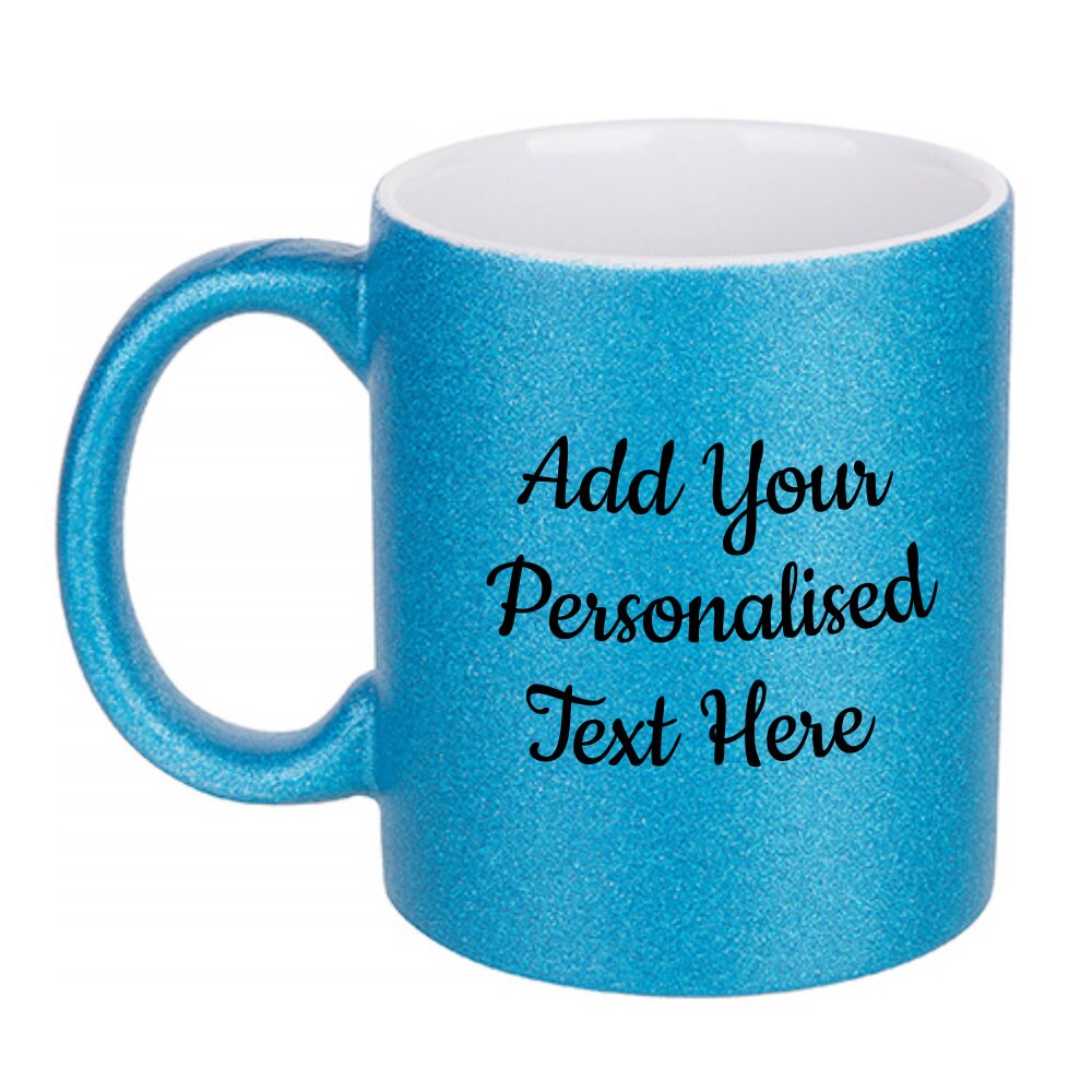 Personalised Blue Glitter Mugs - Same Day Dispatch - Great Novelty Gift Idea for Birthday, Wedding, Funny, Customise with your text - Topbootee
