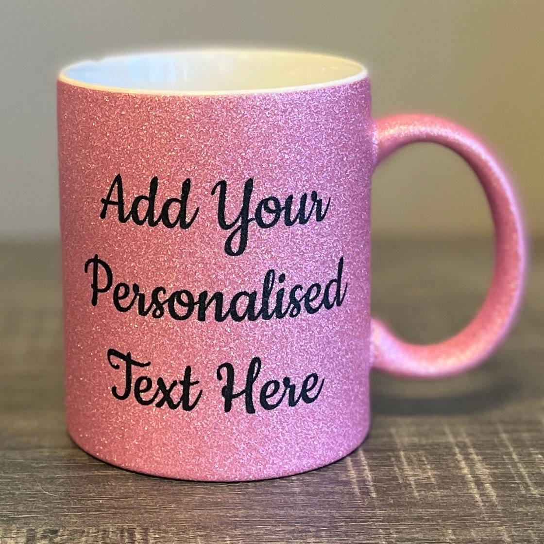 Personalised Pink Glitter Mugs - Same Day Dispatch - Great Novelty Gift Idea for Birthday, Wedding, Valentines, Customise with your text - Topbootee