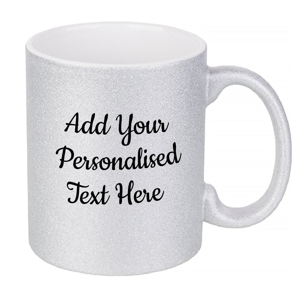 Personalised Silver Glitter Mug - Same Day Dispatch - Great Novelty Gift Idea for Birthday, Wedding, Valentines, Customise with your text - Topbootee