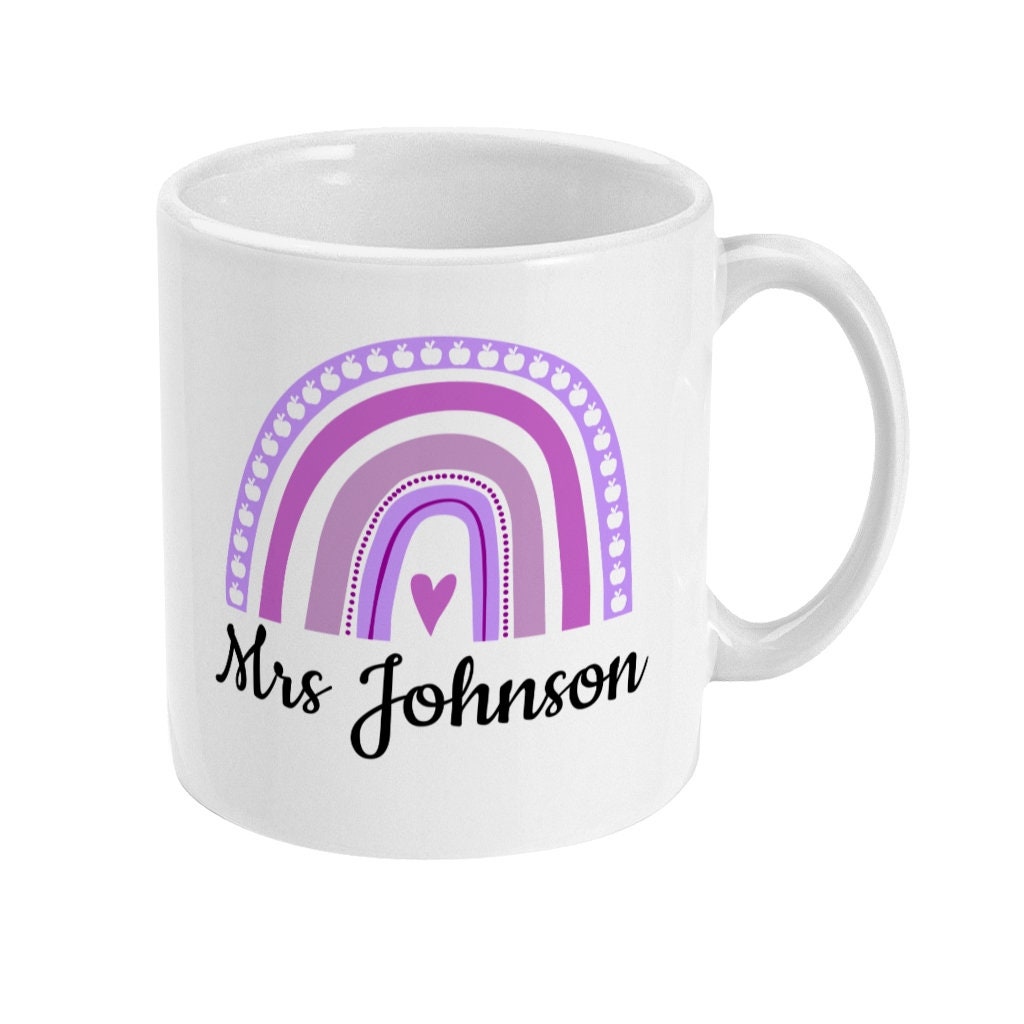 Personalised Teacher Mug - Perfect End of Term Gift for Teacher, with Rainbow and Apples Design - Same Day Free Dispatch Thank You - Topbootee
