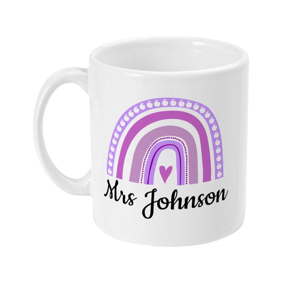 Personalised Teacher Mug - Perfect End of Term Gift for Teacher, with Rainbow and Apples Design - Same Day Free Dispatch Thank You - Topbootee
