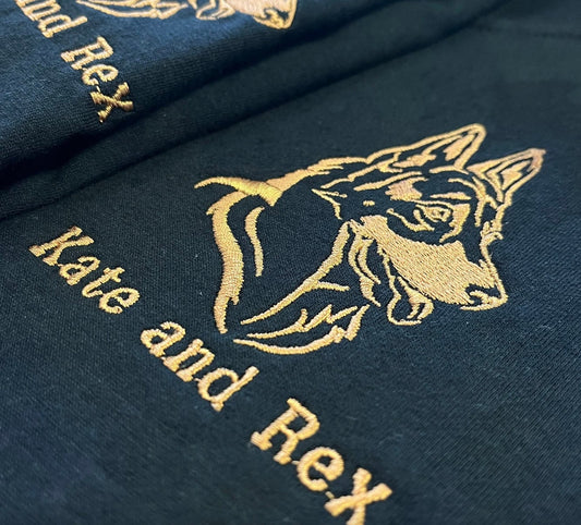 Personalised Dog Lovers Sweatshirt Embroidered with Breed of Dog and Text - Black with Gold Thread - Custom with Dogs Name or Owner - Topbootee
