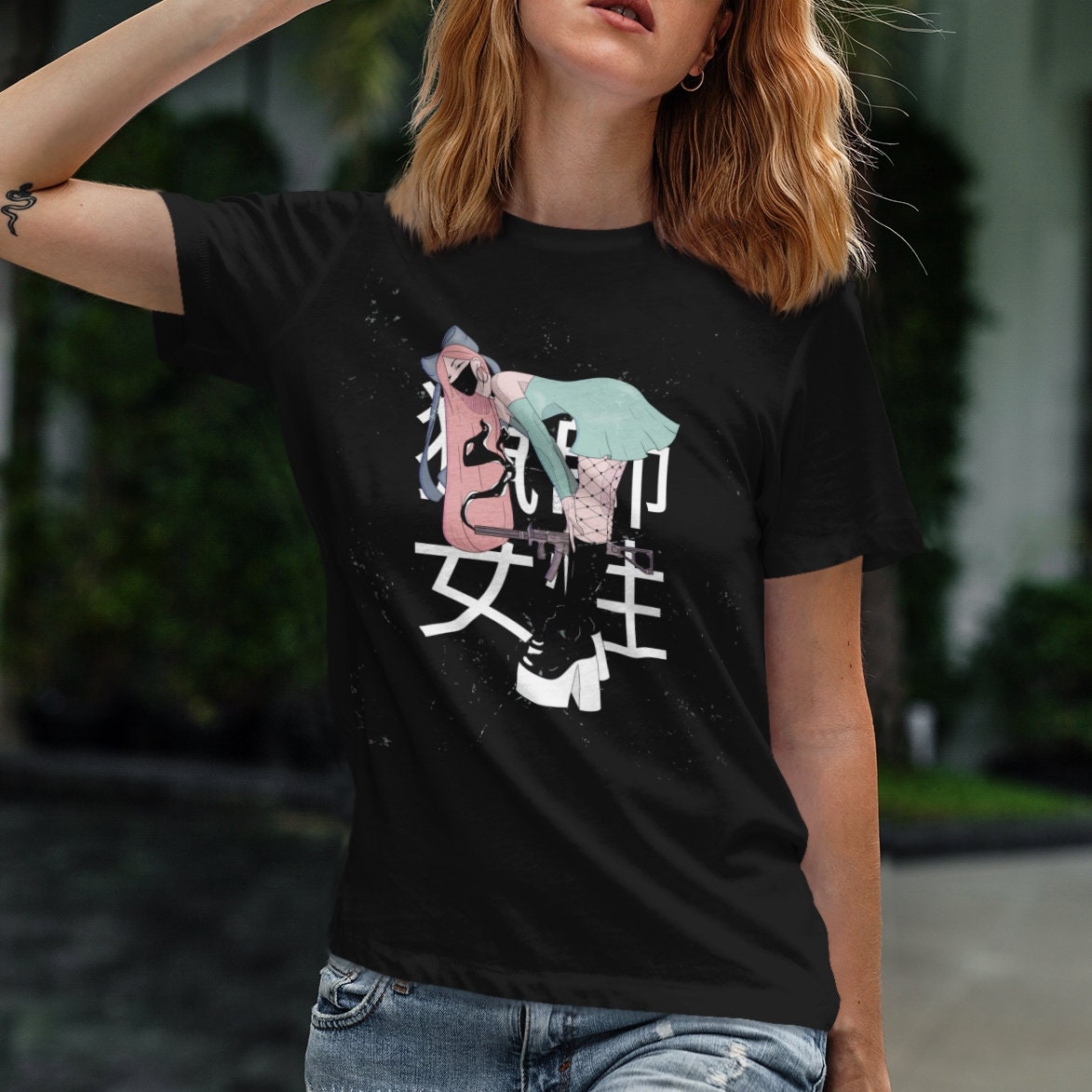 Anime Girl with Gun and Face Mask - Topbootee