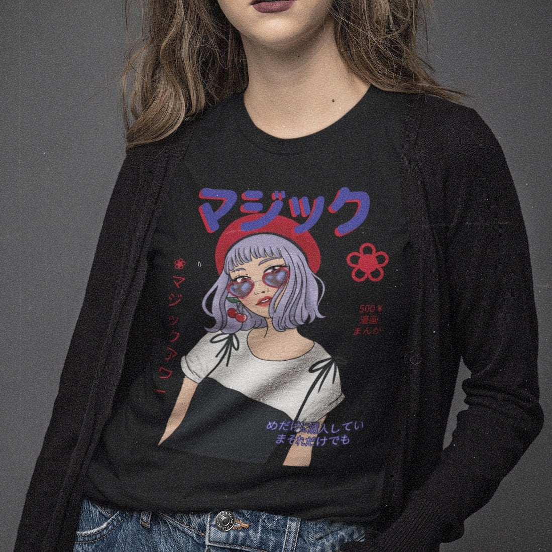 Inspired Anime T Shirt Top Featuring girl wearing glasses - Japanese inspired clothing Digital Print Same Day Free Dispatch - Topbootee