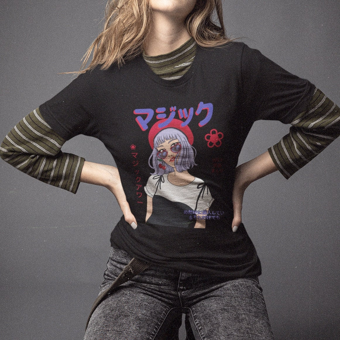 Inspired Anime T Shirt Top Featuring girl wearing glasses - Japanese inspired clothing Digital Print Same Day Free Dispatch - Topbootee
