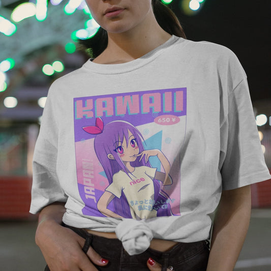 Kawaii Anime Girl T Shirt Top Featuring girl wearing t shirt saying nice - Japanese inspired clothing - Topbootee
