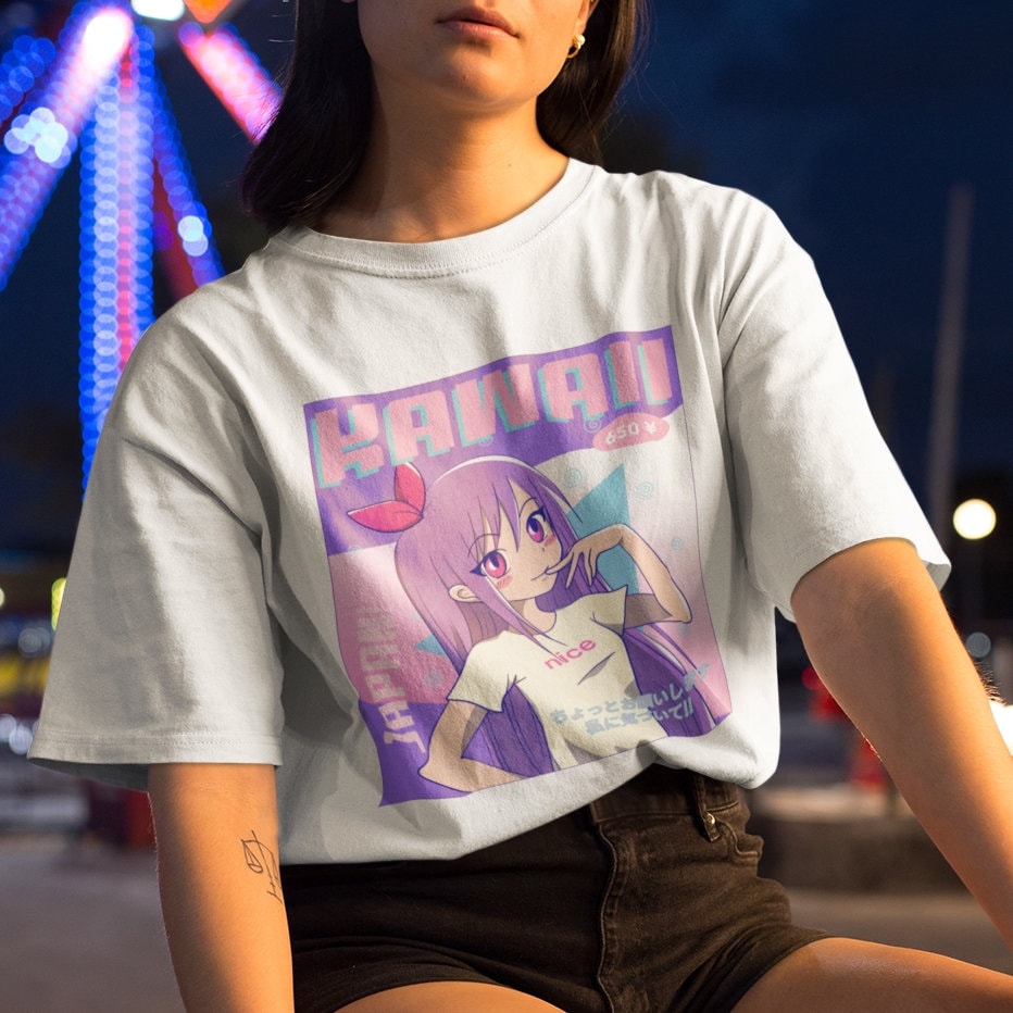 Kawaii Anime Girl T Shirt Top Featuring girl wearing t shirt saying nice - Japanese inspired clothing - Topbootee