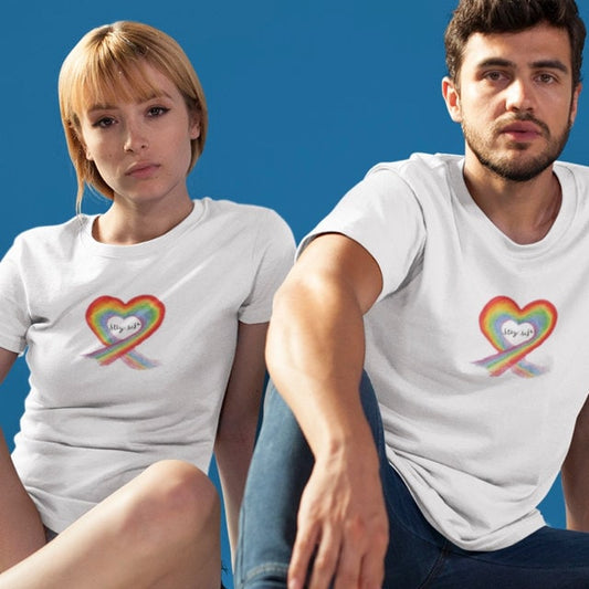 Unisex Stay Safe Rainbow T Shirt Top - Key Worker Thank you T-Shirt - Heart Be Kind Oversized Slogan Social Distancing Tee - Topbootee