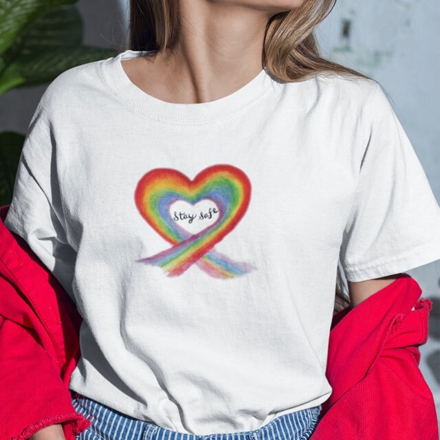 Unisex Stay Safe Rainbow T Shirt Top - Key Worker Thank you T-Shirt - Heart Be Kind Oversized Slogan Social Distancing Tee - Topbootee
