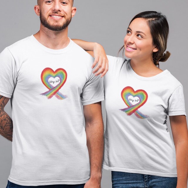 Unisex Stay Safe Rainbow T Shirt Top - Key Worker Thank you T-Shirt - Heart Be Kind Oversized Slogan Social Distancing Tee - Topbootee