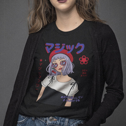 Inspired Anime T Shirt Top Featuring girl wearing glasses - Japanese inspired clothing Digital Print Same Day Free Dispatch