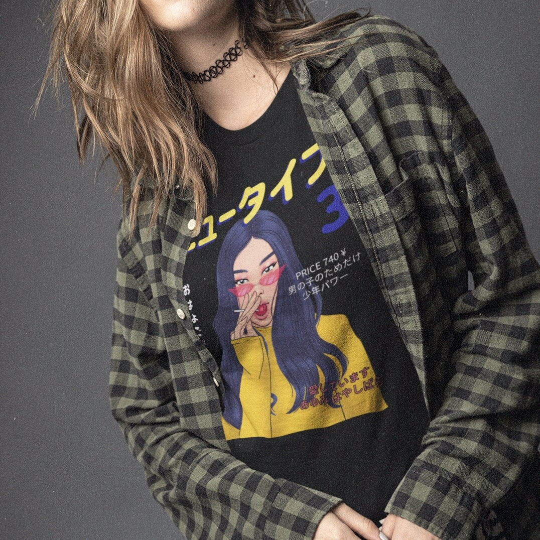 Inspired Anime T Shirt Top Featuring girl wearing smoking - Japanese inspired clothing Digital Print Same Day Free Dispatch