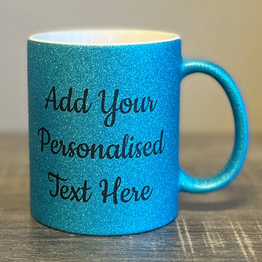 Personalised Blue Glitter Mugs -  Same Day Dispatch - Great Novelty Gift Idea for Birthday, Wedding, Funny, Customise with your text - Topbootee