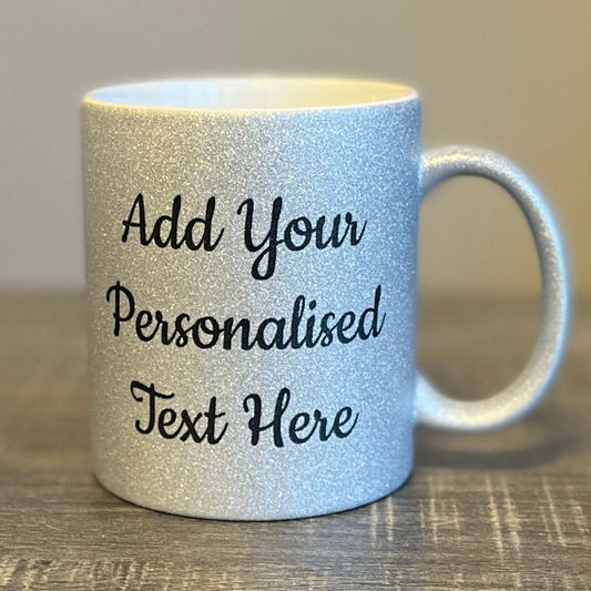 Personalised Silver Glitter Mug -  Same Day Dispatch - Great Novelty Gift Idea for Birthday, Wedding, Valentines, Customise with your text - Topbootee