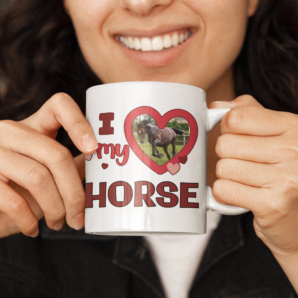 Personalised Photo Upload I Heart my Horse - Funny Horse Lovers Mug - Horse Riders Gift for any Equestrian or Pony Loving - Topbootee