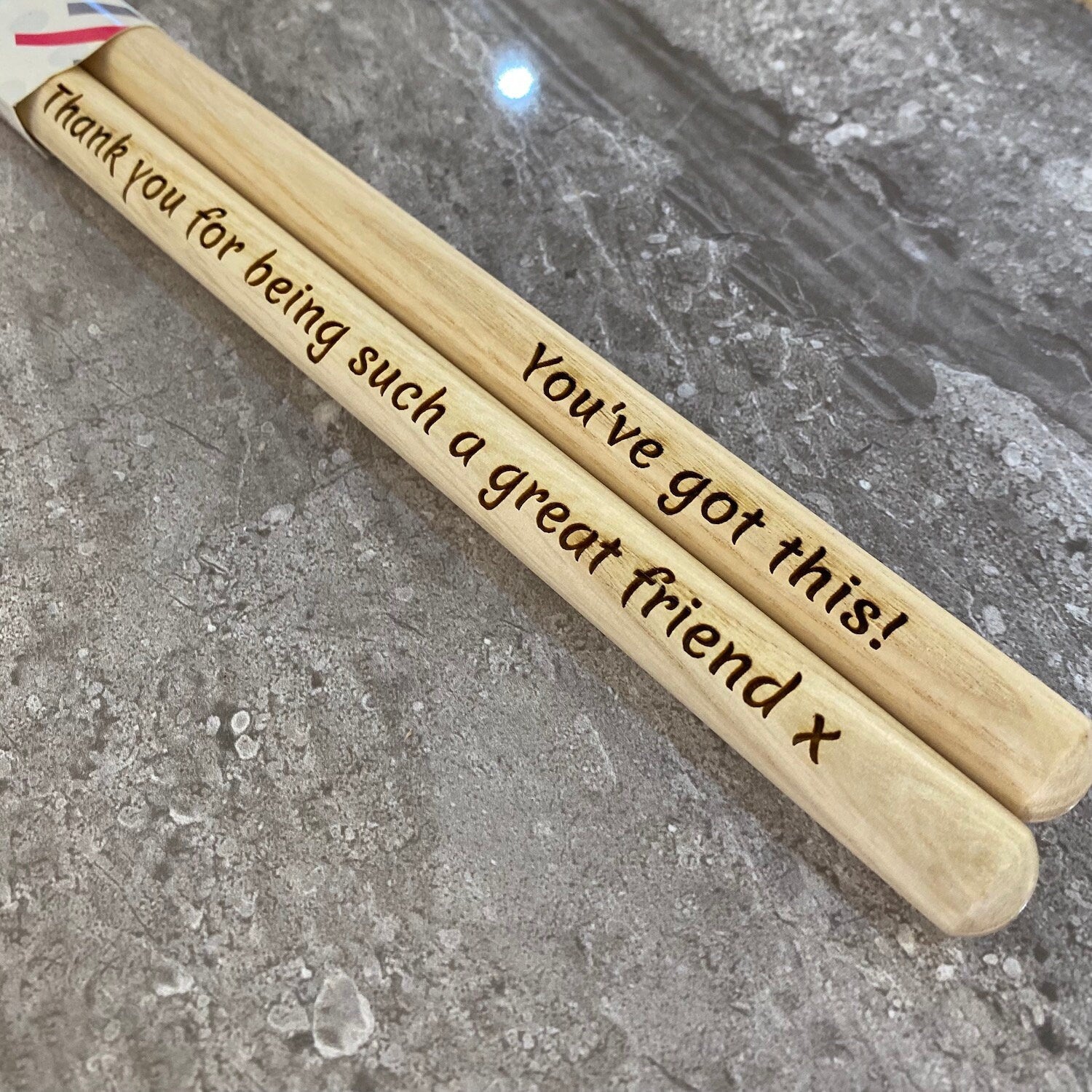 Personalised Drumsticks Laser Engraved with Custom Message 5A Quality Sticks made from Hickory Wood Same Day Free Dispatch Music Lover Gift - Topbootee