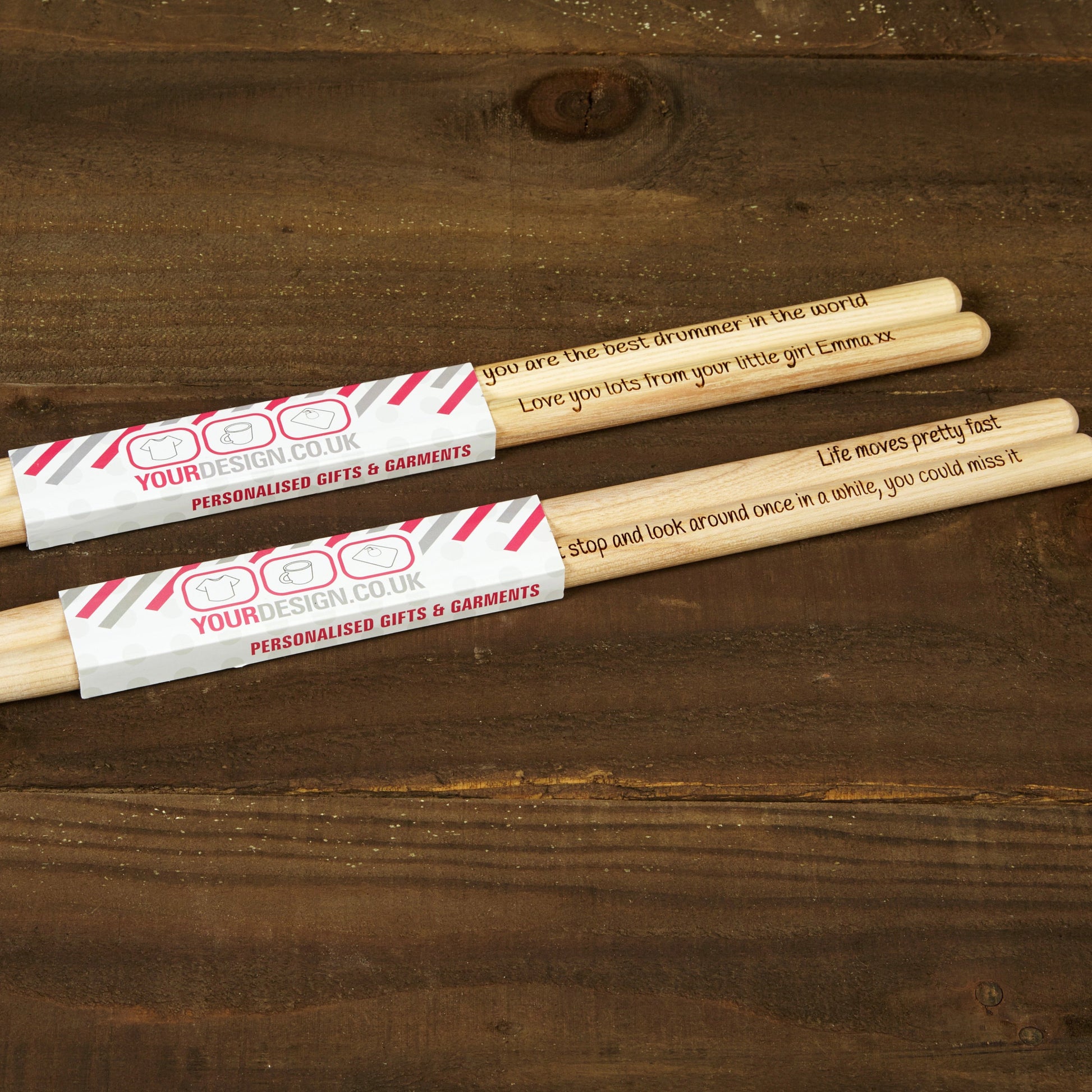 Personalised Drumsticks Laser Engraved with Custom Message 5A Quality Sticks made from Hickory Wood Same Day Free Dispatch Music Lover Gift - Topbootee