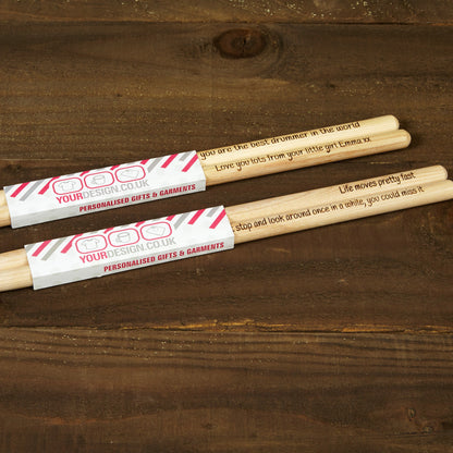 Personalised Drumsticks Laser Engraved with Custom Message 5A Quality Sticks made from Hickory Wood Same Day Free Dispatch Music Lover Gift - Topbootee