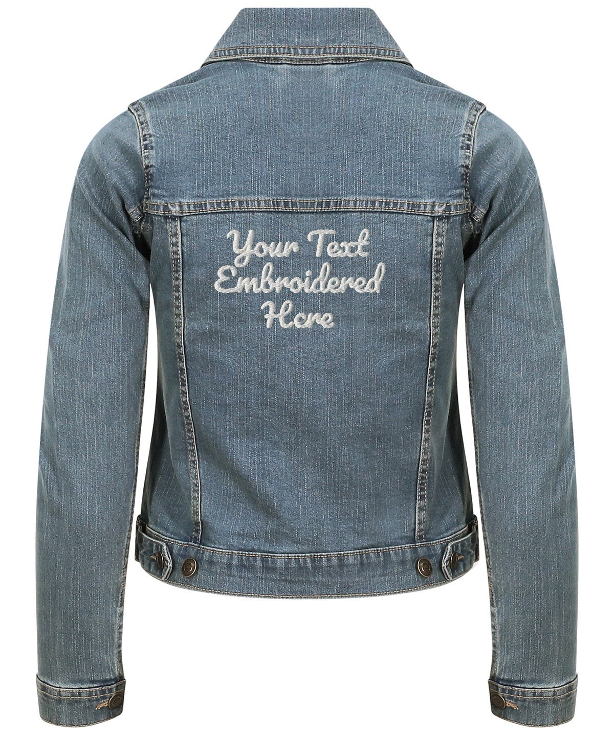Women's Custom Embroidered Denim Jacket - Personalised with your Text - Choice of Thread Colour and Denim - Front or Back Stitched - Topbootee