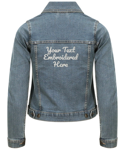 Women's Custom Embroidered Denim Jacket - Personalised with your Text - Choice of Thread Colour and Denim - Front or Back Stitched - Topbootee