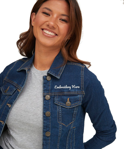 Women's Custom Embroidered Denim Jacket - Personalised with your Text - Choice of Thread Colour and Denim - Front or Back Stitched - Topbootee
