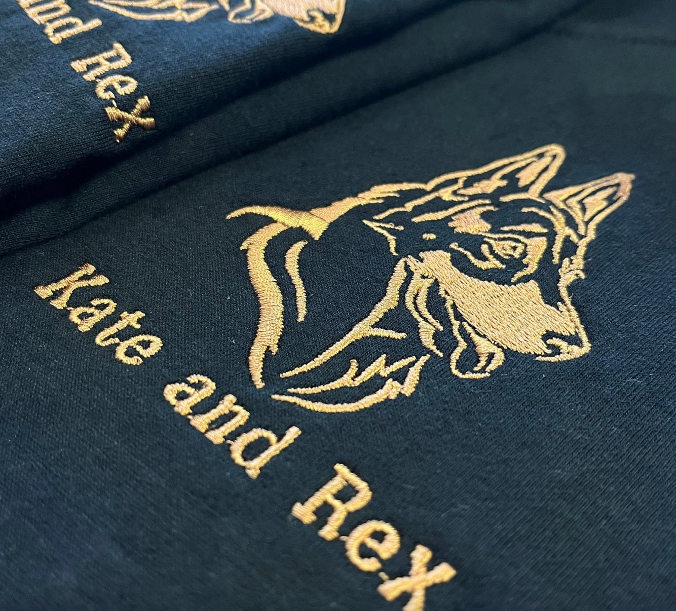 Personalised Dog Lovers Sweatshirt Embroidered with Breed of Dog and Text - Black with Gold Thread - Custom with Dogs Name or Owner - Topbootee