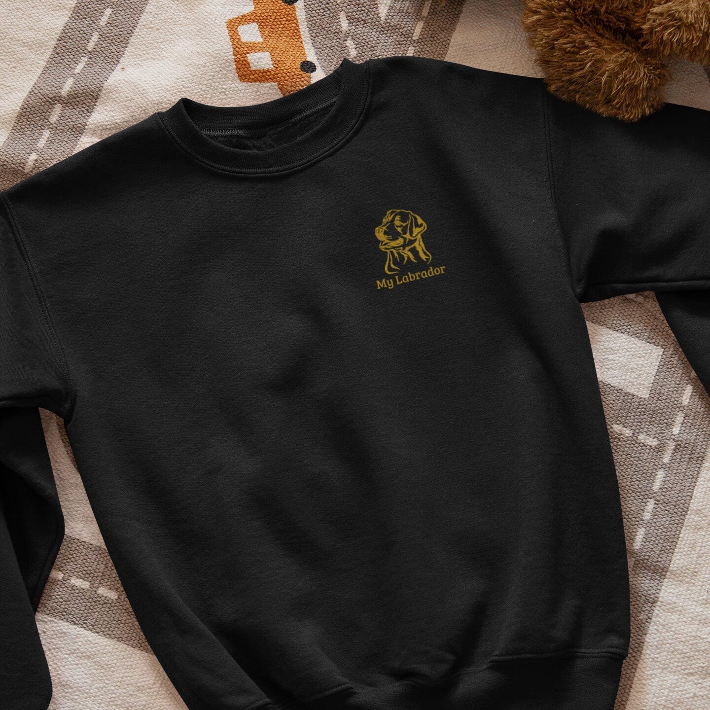 Personalised Dog Lovers Sweatshirt Embroidered with Breed of Dog and Text - Black with Gold Thread - Custom with Dogs Name or Owner - Topbootee