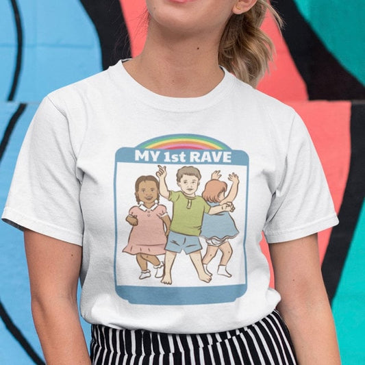 First Rave T Shirt Top - Unisex t-shirt - Ravers Tee - Digitally Printed Festival Top - Music Lovers T-shirt - Party top Retro design tee - Topbootee