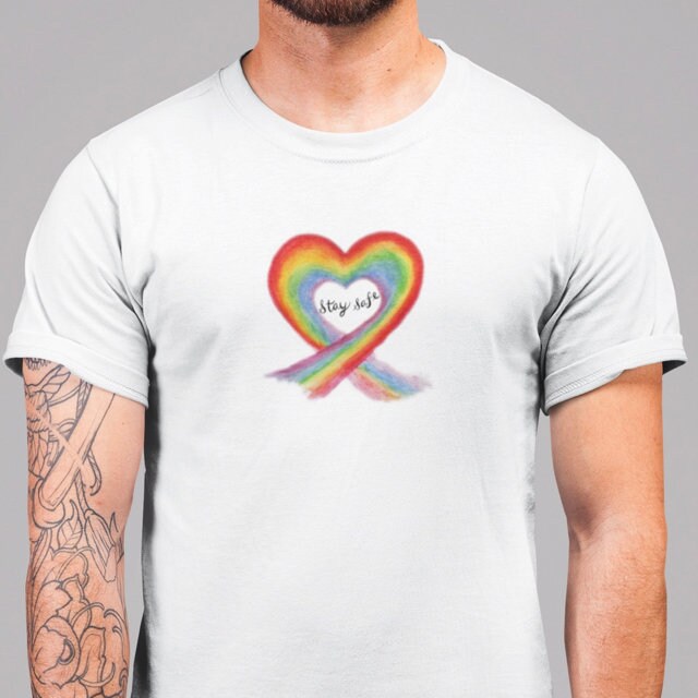 Unisex Stay Safe Rainbow T Shirt Top - Key Worker Thank you T-Shirt - Heart Be Kind Oversized Slogan Social Distancing Tee - Topbootee